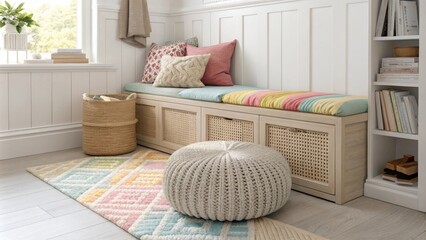 Poster - An inviting corner with a textured rattan bench layered with a variety of colorful cushions complemented by a large plush floor pouf that invites relaxation.