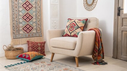 Poster - An inviting lounge area features a soft armchair adorned with eclectic textiles including a vibrant patterned cushion set against a backdrop of a stunning Moroccaninspired
