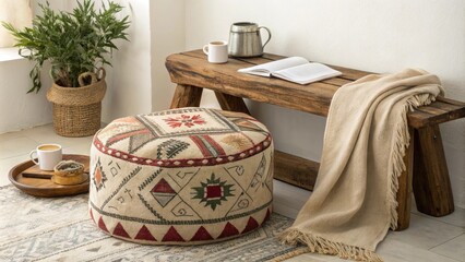 Poster - A serene nook featuring a decorative kilim pouf a cozy blanket lying casually alongside and a rustic wooden coffee table creating a welcoming atmosphere.