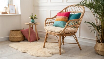 Poster - The rattan chair stands out with its vivid cushion accents set against a backdrop of a soft textured sheepskin rug that enhances comfort.