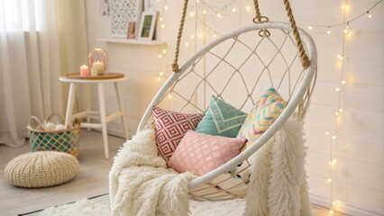Aufkleber - A tranquil space showcasing an elegant hanging chair filled with bright decorative pillows and a fluffy wool throw set against a backdrop of calming decor.