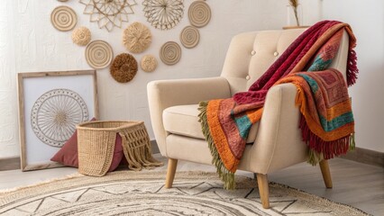 Aufkleber - An inviting corner with a plush armchair wrapped in vivid throws framed by a collection of handmade macrame pieces sits atop a beautifully layered rug ensemble that enhances