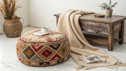 Poster - An inviting corner showcasing a handcrafted kilim pouf with intricate designs accompanied by a plush blanket and a weathered wooden coffee table that adds warmth to the