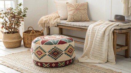 Poster - A charming area with a decorative kilim pouf as the focal point a simple rustic bench providing seating and layers of soft knitted blankets enhancing the cozy atmosphere.