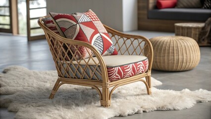 Poster - A decorative rattan chair highlighted by a mix of bold patterned cushions sits elegantly on a luxurious gy sheepskin rug.