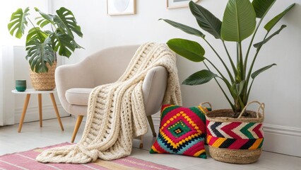Poster - A stylishly curated area with bold colorful textiles creating visual interest a soft knitted blanket elegantly p on a furniture piece and an oversized vibrant indoor plant