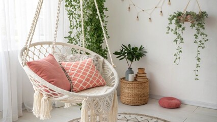Poster - A delightful interior retreat featuring a gracefully hanging chair a mix of bold and pastel pillows paired with delicate macrame plant hangers that evoke a laidback artistic