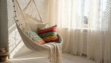 Aufkleber - A tranquil nook showcasing a hammockstyle chair overflowing with colorful throw pillows set against a backdrop of textured macrame curtains and softly diffused sunlight.