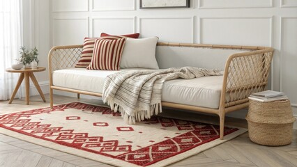Aufkleber - A fashionable daybed embellished with a mix of stripes and textures in the throws complemented by a bold Moroccanpatterned area rug that anchors the design of the space.
