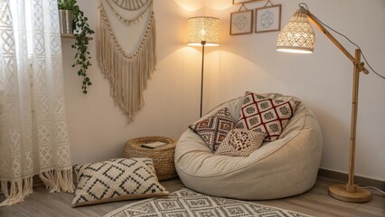 Aufkleber - A tranquil corner filled with a comfortable bean bag chair and an array of patterned textile cushions with charming macrame decor framing the space illuminated by a gentle