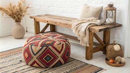 Poster - An eclectic corner features a bold patterned pouf alongside a sy rustic bench decorated with soft wool pieces that add layers of texture and warmth embodying a bohemian