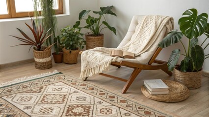 Poster - A welcoming reading space showcasing a lively area rug with intricate patterns cozy blankets casually p on a chaise lounge and an assortment of leafy plants enhancing the