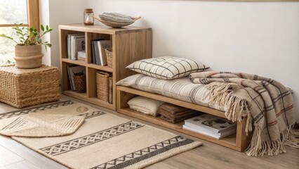 Poster - An intimate space illuminated by soft light featuring a low wooden bookshelf a cozy floor cushion and an array of patterned throws layered over a mix of natural fiber rugs.