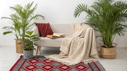 Poster - A serene reading area highlighted by a bold decorative rug several textured throws draped over a cozy sofa and an arrangement of vibrant indoor greenery creating a