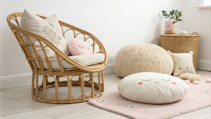 Poster - A stylish corner featuring a comfortable rattan chair filled with plush vivid cushions complemented by a large soft floor cushion that adds a playful touch to the space.
