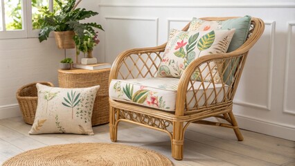 Poster - A serene corner consisting of a beautifully crafted rattan armchair dressed in lively fabrics paired with a spacious floor cushion that invites relaxation and comfort.