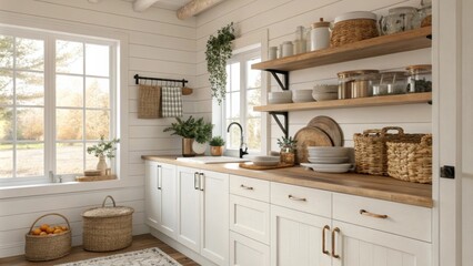Poster - The serene kitchen design showcases open shelving with rustic accents enhanced by the warm touch of natural light pouring in evoking a timeless countryside feel.