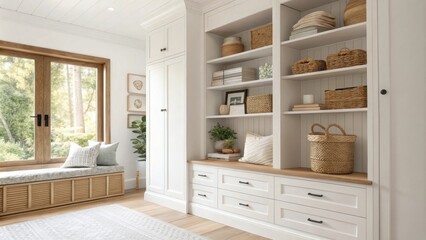 Aufkleber - A bright airy living space with white cabinetry integrated into the design wooden shelves displaying curated items and a harmonious blend of soft earthy tones throughout.