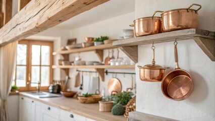 Poster - An inviting kitchen space characterized by exposed wooden beams and floating shelves filled with copper cookware surrounded by soft natural light that creates a serene and