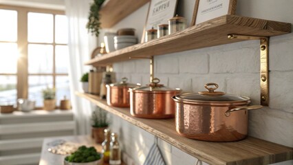 Poster - A cozy kitchen scene where floating wood shelves are lined with glimmering copper pots while soft sunlight pours in highlighting the natural textures and creating an