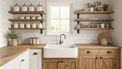 Aufkleber - The inviting kitchen boasts sy wooden shelves filled with retro jars complemented by a prominent deep farmhouse sink that adds a touch of charm to the space.