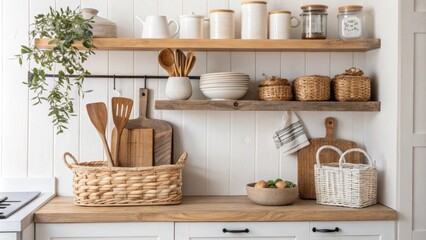 Poster - A charming kitchen interior where reclaimed wood shelves host an array of utensils and stylish decor paired with cozy woven baskets all infused with a decor of subtle earthy