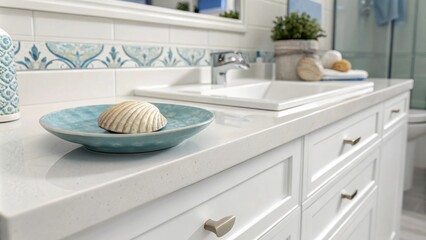 Poster - The bathroom showcases a minimalist aesthetic with a bright white vanity its surface adorned with a single polished seashell resting on a muted blue dish harmonizing with