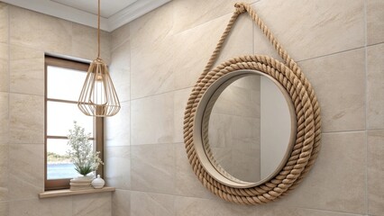 Poster - A stylish ropeframed mirror adorns the wall surrounded by a minimalist aesthetic created by expansive neutral tiles and gentle soft lighting that enhances the tranquil
