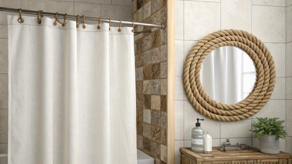 Poster - The bathroom showcases a plain white shower curtain that drapes elegantly paired with a rustic ropeframed mirror that adds texture set against understated beige and gray