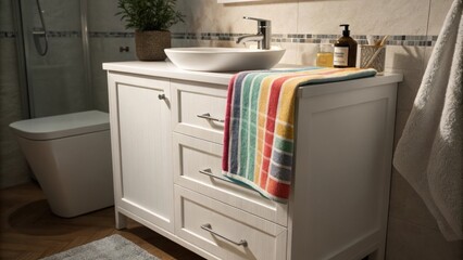 Aufkleber - The elegant bathroom design features a compact white vanity a colorful striped hand towel adding a pop of interest and dim lighting that softly illuminates the area creating