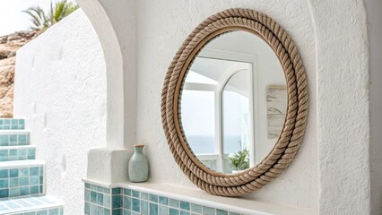 Poster - A stylish and understated space highlighting a round mirror with a textured rope frame set a stark white surfaces and gentle blue tile highlights.