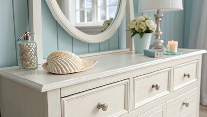 Aufkleber - The serene interior includes a lightcolored vanity and a mirror reflecting the pale blue backdrop while a smooth ivory seashell rests delicately on the counter.