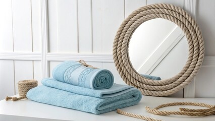 Poster - The design features an inviting soft blue towel laid out on a crisp white surface paired with a striking rope mirror that adds a touch of coastal elegance.