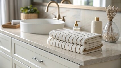 Poster - An elegant bathroom setting highlighting a streamlined vanity complemented by a lone striped towel p thoughtfully as rays of natural light create an inviting atmosphere.