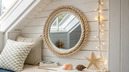 Poster - A cozy nook bathed in gentle light featuring a distinctive ropeframed mirror that echoes nautical elements complemented by an artfully arranged single seashell.