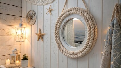 Fototapete - Whitewashed walls envelop a cozy bathroom complemented by a delicate rope mirror that embodies maritime themes. The gentle glow of soft lighting enhances the tranquil