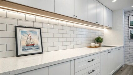 Aufkleber - In a bright room the clean expansive countertop meets a wall of sleek white tiles where a single framed nautical artwork provides a focal point amidst the simplicity.