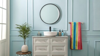Poster - A stylish bathroom space with a round mirror centered over a modern vanity framed by soothing pale blue walls and complemented by a vibrant striped hand towel.