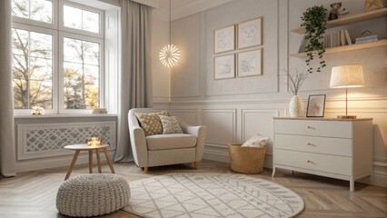 Poster - The room showcases a neutral color palette with warm grays and whites enhancing the calm and serene ambiance complemented by natural light streaming through a nearby window.