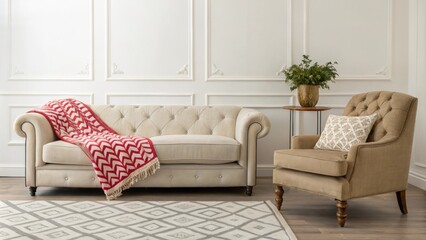 Aufkleber - An inviting area with a lighttoned couch accented by a bold geometric throw and a solitary armchair with rich textures that adds depth to the decor.