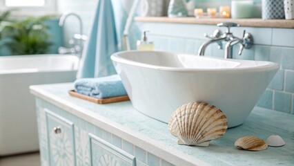 Poster - The bathroom showcases a bright airy atmosphere with a smooth modern sink and a soft blue color scheme accentuated by a solitary shell decoratively p nearby.