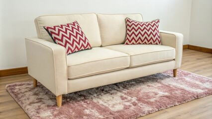 Poster - A cheerful interior scene where a simple light sofa is paired with a striking patterned cushion positioned on a velvety area rug that invites relaxation.
