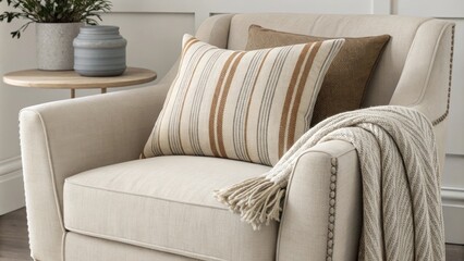 Aufkleber - A minimalist armchair in muted tones showcases a striking striped cushion at its center offering a pop of visual interest. A soft woven throw cascades down the side
