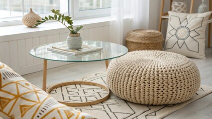 Poster - A bright and airy room features a natural fiber pouf a modern glass coffee table and a whimsical throw with geometric designs infusing the space with character and comfort.