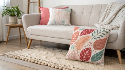 Poster - A bold artistic pillow adds flair to a contemporary sofa in soft tones with a cozy textured rug beneath creating a perfect blend of eclectic elegance.