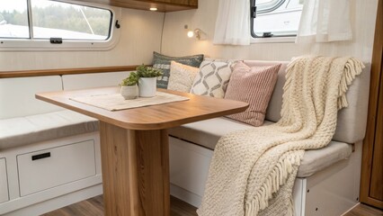 Aufkleber - An uncluttered minimalist space showcasing a warm wooden table at the center a cozy textured throw elegantly p on the side and a pillow with delicate patterns enhancing the
