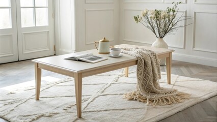 Poster - A bright and airy room features a minimalist coffee table paired with a delicate artistic throw resting gently on a luxurious fluffy rug beneath it.