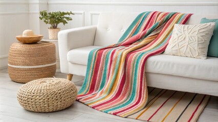 Poster - A stylish sitting area displays a vibrant striped blanket elegantly laid across a pristine couch with a chic woven pouf nearby that introduces a tactile element to the