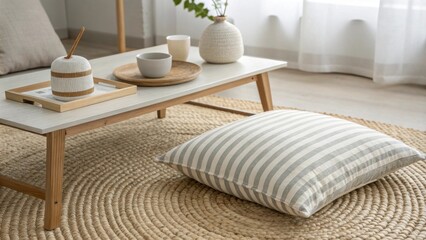 Poster - An elegant setup highlighting a striped cushion positioned against a modern coffee table with a finely woven floor mat underneath creating a harmonious and uncluttered