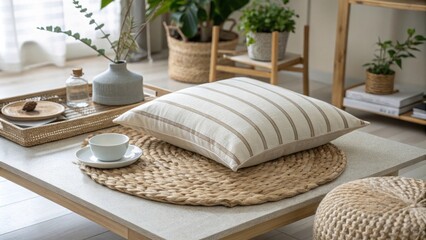 Poster - A tranquil room showcasing a horizontally striped cushion atop a contemporary coffee table complemented by a natural woven mat that enhances the cozy atmosphere.